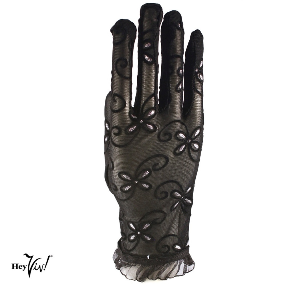 Sheer Black Gloves Wrist Ruffles w Touch of Glitter Flower Design Party Prom